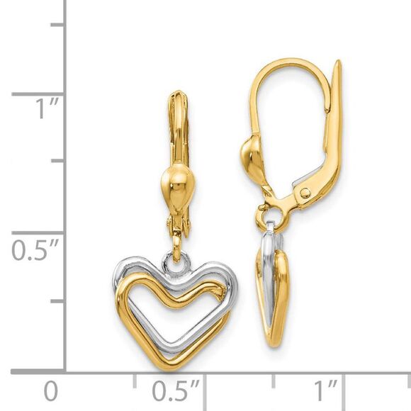 Two Tone Double Heart Lever Back Earrings in 14k Gold - Picture 4 of 5